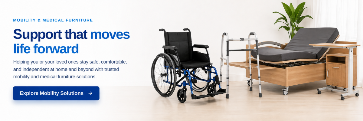Mobility and medical furniture range — wheelchair, walking frame and adjustable care bed. Shop the Mobility Range at Still Bay Incontinence Supplies.