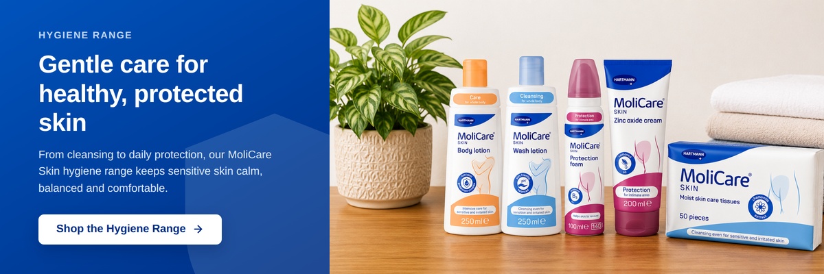 Skin care range — body lotion, wash lotion, protection foam, zinc oxide cream and cleansing tissues for sensitive, protected skin. Shop the Personal Care Range at Still Bay Incontinence Supplies.